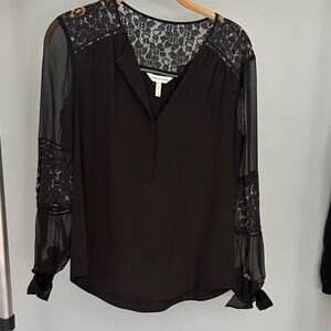 Rebecca Taylor Black Lace Yoke Sheer-Sleeve Blouse